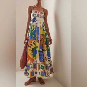 Sol Summers Full Skirt Cotton Sundress, Mixed Media Luxury Print